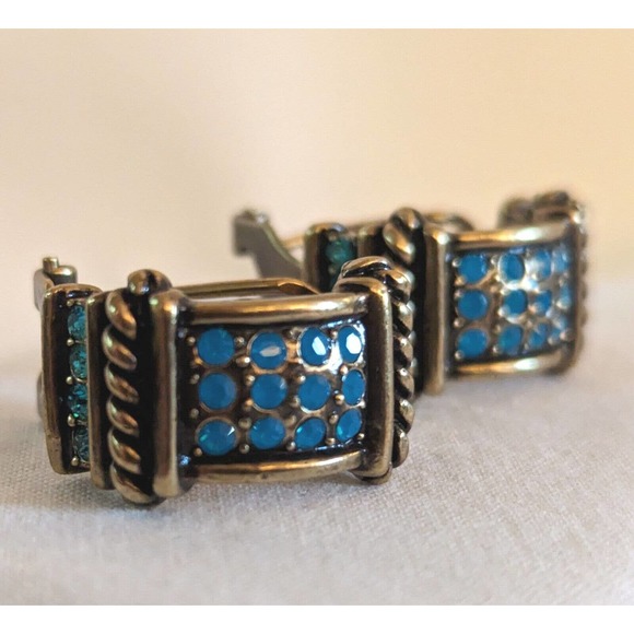 HEIDI DAUS Aquamarine BLUE SWAROVSKI CRYSTAL HALF HOOP EARRINGS Bronze Finish - Picture 2 of 12